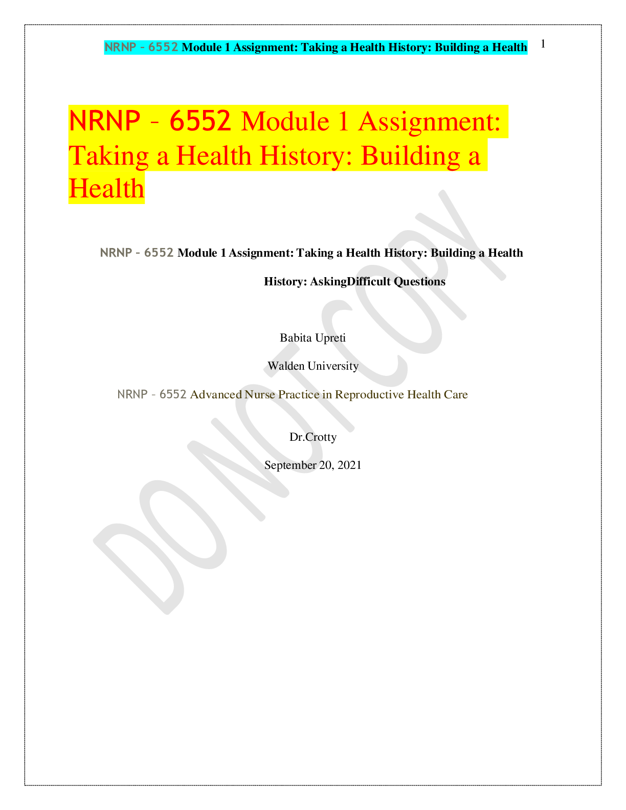 Preview image for NRNP – 6552 Module 1 Assignment: Taking a Health History: Building a Health